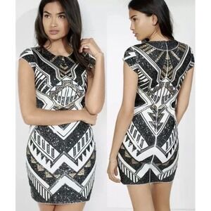 Express Sequin Art Deco Geometric Aztec Mini Dress Black White Gold‎ Size Small